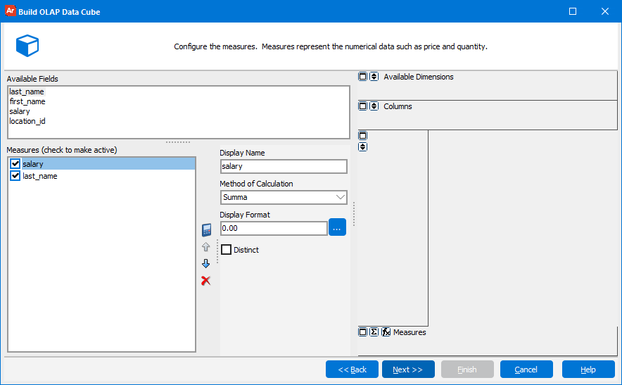 The Build OLAP Data Cube dialog with several Available Fields listed and the SALARY and NAME fields assigned as Measures.